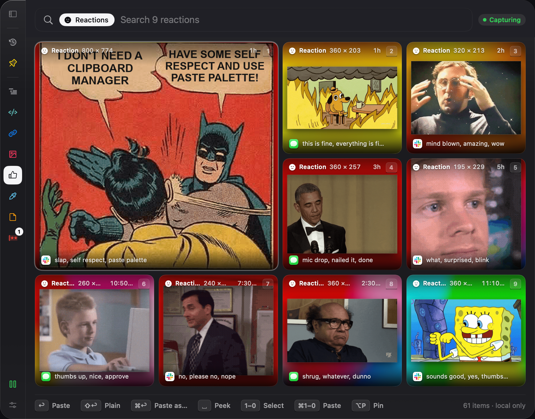 Saved reactions: a Batman slapping Robin meme saying to use Paste Palette, next to This Is Fine