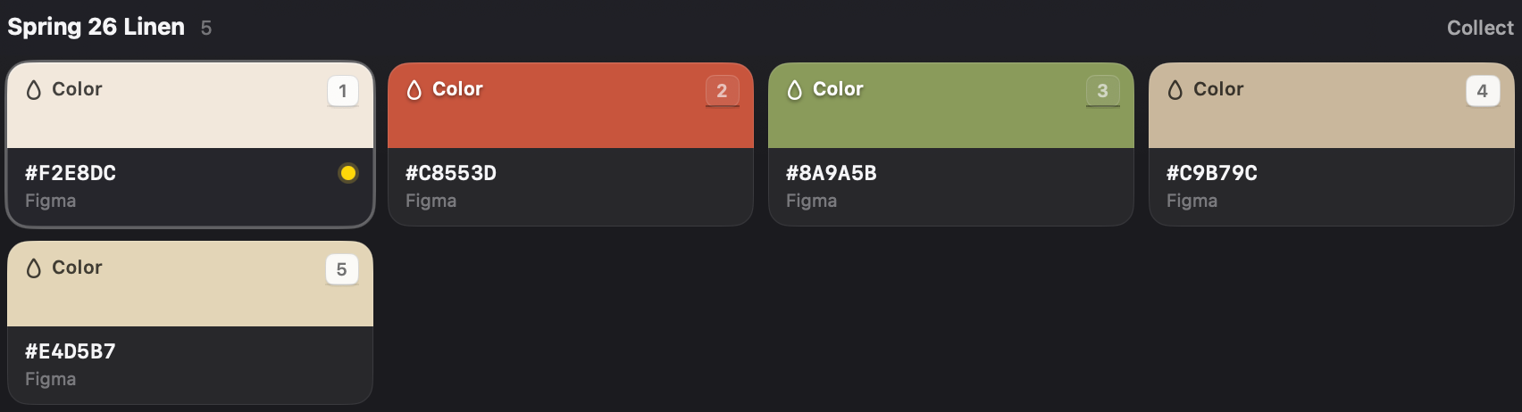 The Spring 26 Linen palette: five linen colors with their hex codes