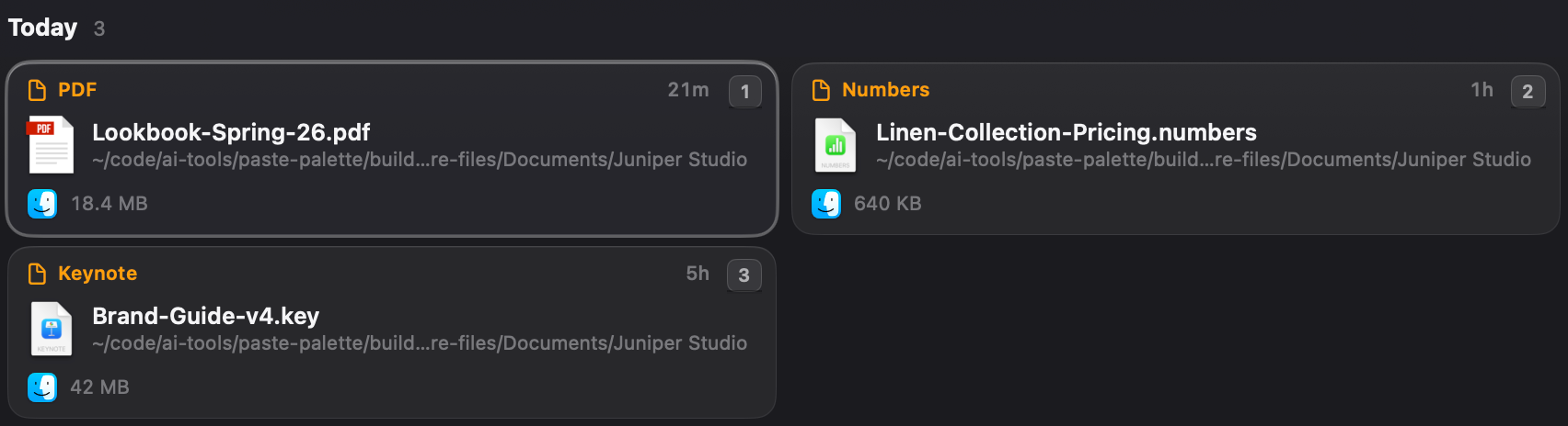 Three copied files: a PDF, a Numbers sheet and a Keynote deck, each with its Finder icon and size