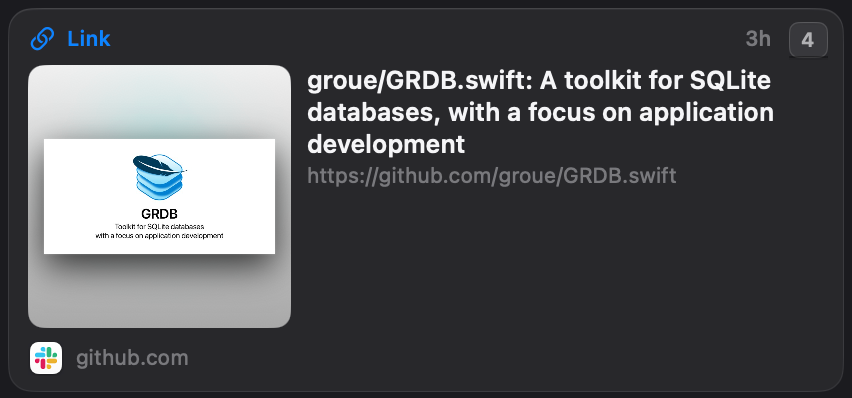 A Link tile for GRDB on GitHub, with the page title and its preview image