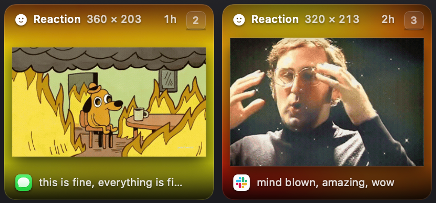 Two saved Reactions: This Is Fine and Mind Blown, with their tags